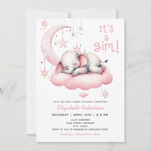 Pink Baby Elephant Moon Stars Girl Baby Shower Invitation (Front)
