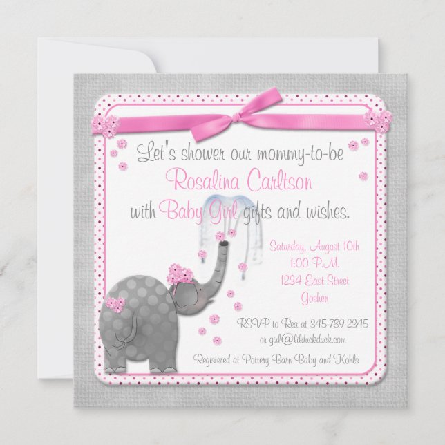 Pink Baby Elephant Shower Invitations (Front)