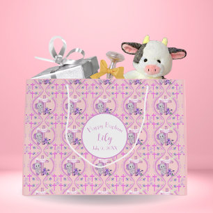 Pink Baby Elephant With Dove And Cross Baptism  Large Gift Bag