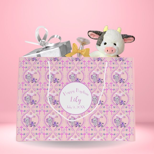 Pink Baby Elephant With Dove And Cross Baptism  Large Gift Bag (Creator Uploaded)