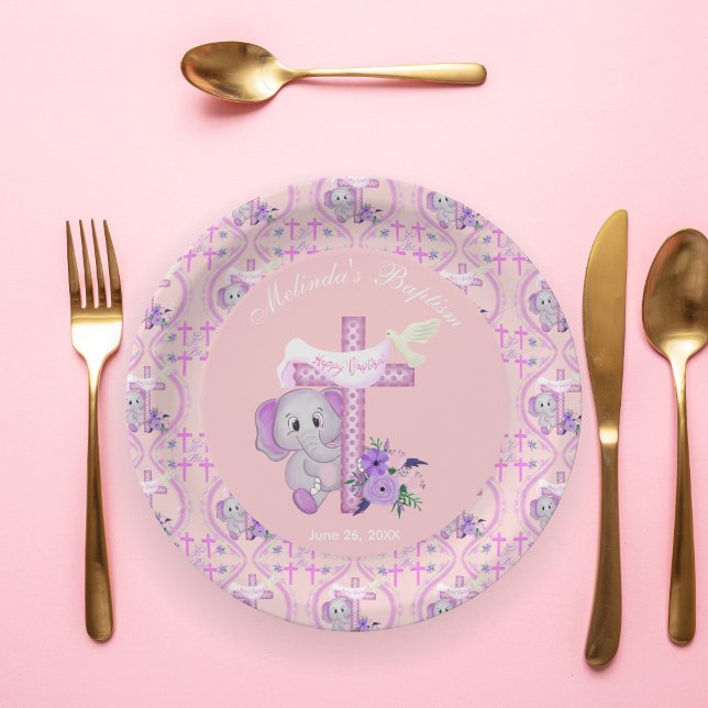 Pink Baby Elephant With Dove And Cross Baptism  Paper Plate (Creator Uploaded)