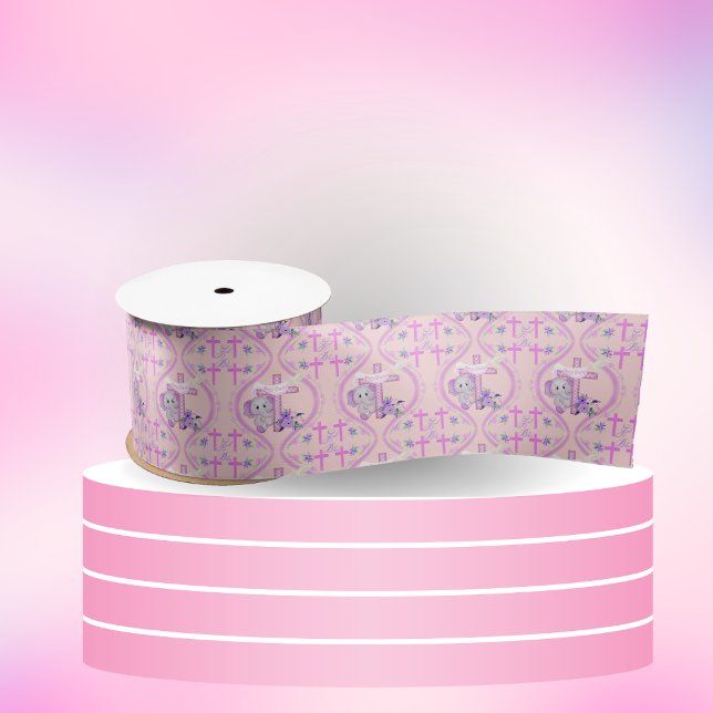 Pink Baby Elephant With Dove And Cross Baptism  Satin Ribbon (Creator Uploaded)