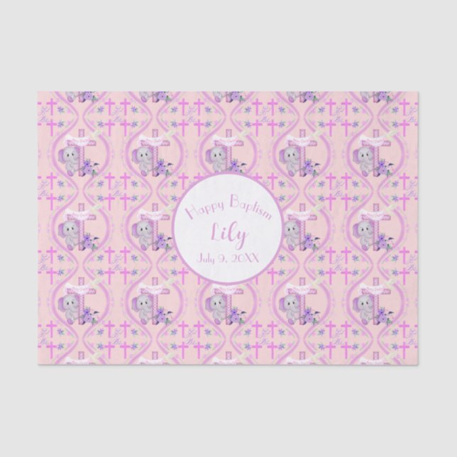 Pink Baby Elephant With Dove And Cross Baptism  Tissue Paper (Front)
