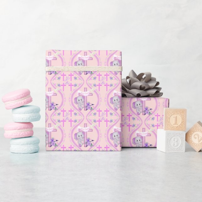 Pink Baby Elephant With Dove And Cross Baptism  Wrapping Paper (Baby Shower)