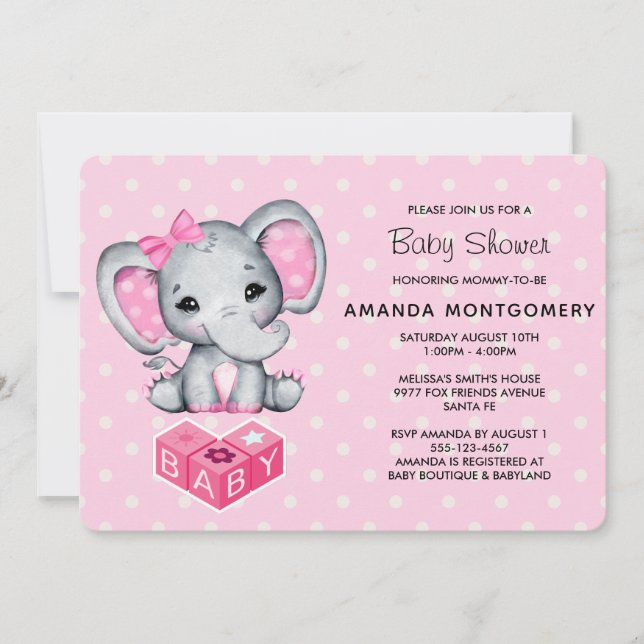 Pink Baby Elephant with Polka Dots Baby Shower Invitation (Front)
