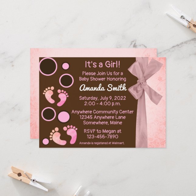 Pink Baby Feet Girl Baby Shower Invitations (Front/Back In Situ)