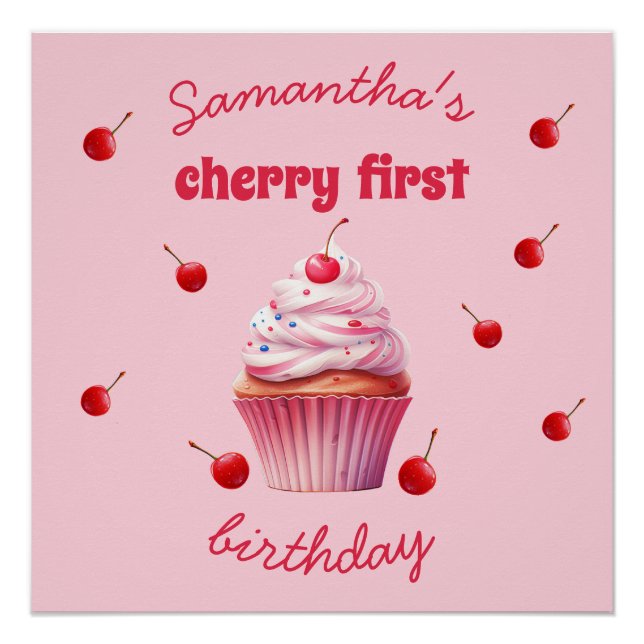 Pink Baby First Cherry & Cupcake Birthday Party  Poster (Front)