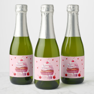 Pink Baby First Cherry & Cupcake Birthday Party  Sparkling Wine Label