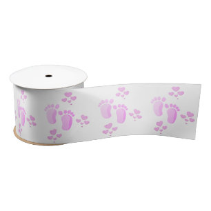 Pink Baby Footprints and Hearts On White Satin Ribbon