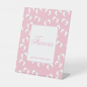 Pink Baby Footprints Baby Shower Favors Pedestal Sign