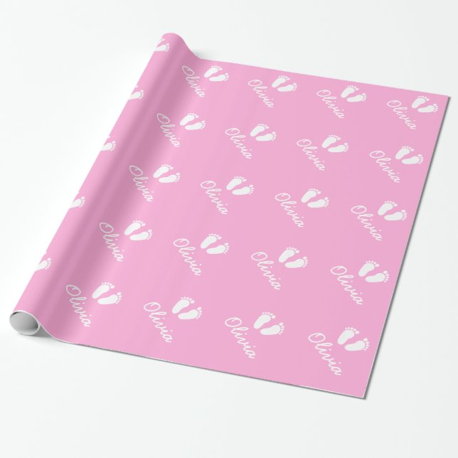 Pink baby footprints wrapping paper with girl name (Unrolled)