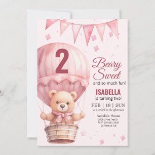 Pink Baby Girl Air Ballon Teddy Bear Birthday Invitation