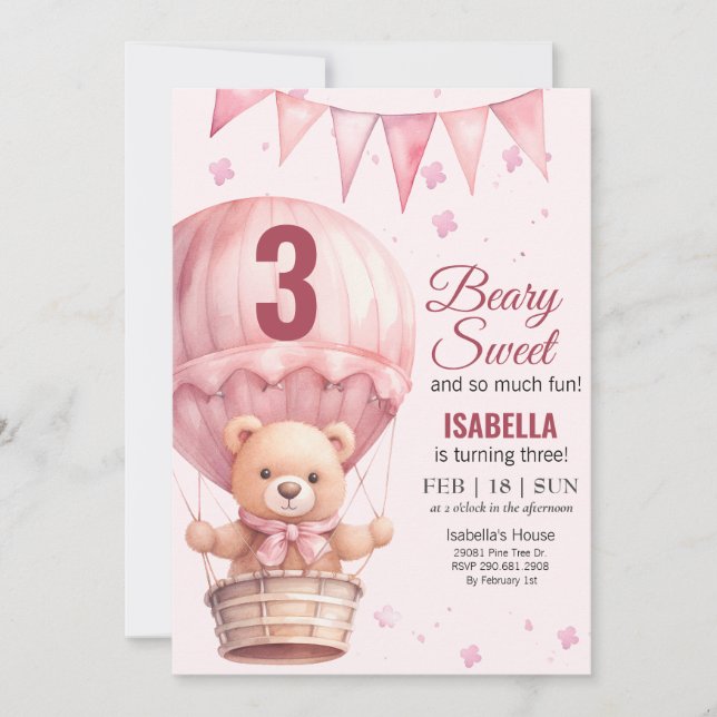 Pink Baby Girl Air Ballon Teddy Bear Birthday Invitation (Front)