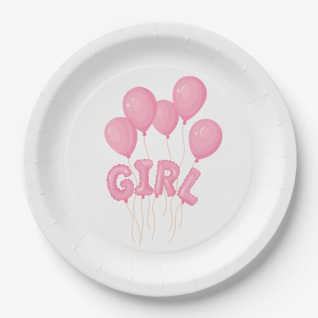 Pink Baby Girl Balloon Celebration - Cute Nursery  Paper Plate (Front)