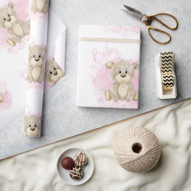 Pink Baby Girl Bear Baby Shower Wrapping Paper (Crafts)