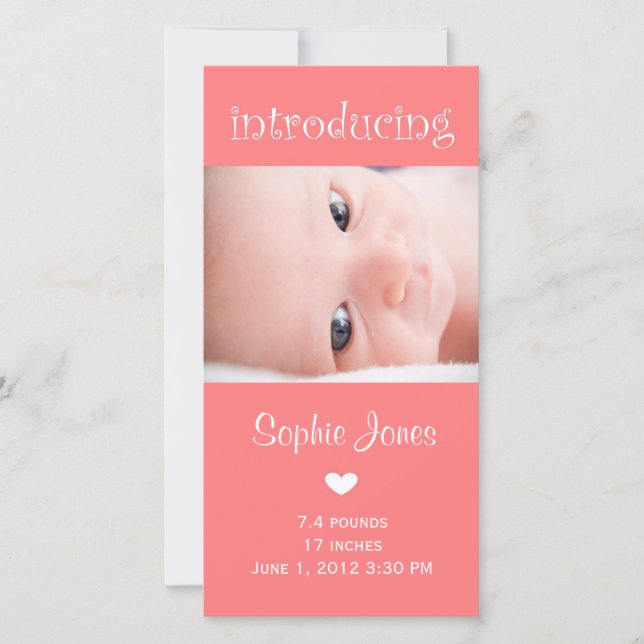 Pink baby girl birth annoucement photo card (Front)