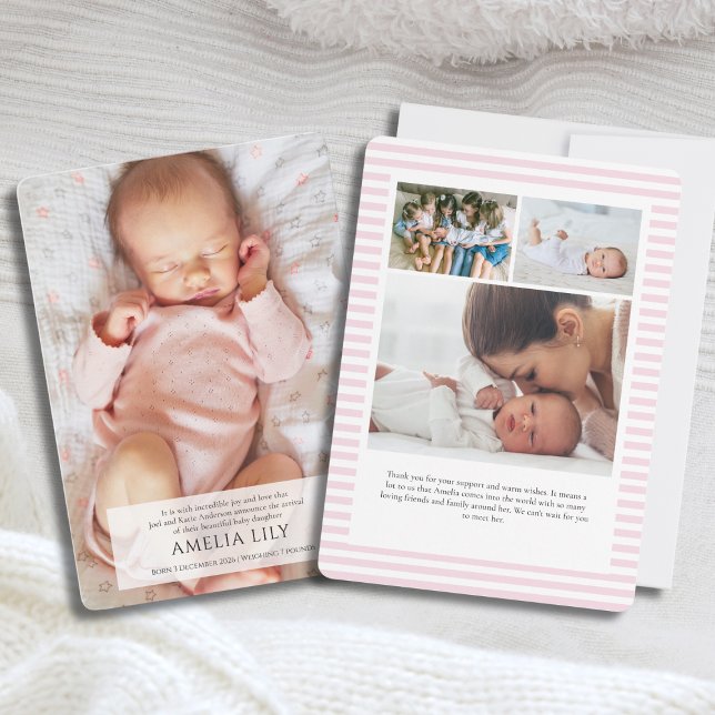 Pink Baby Girl Birth Announcement Card (Cute Classic Baby Girl Birth Announcement card with photo collage of 4 photos and pink stripes)