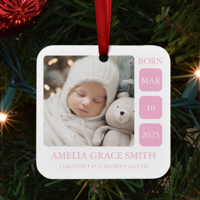 Pink Baby Girl Birth Stat Photo Christmas Ornament (Creator Uploaded)