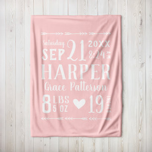 Pink Baby Girl Birth Stats Keepsake Fleece Blanket