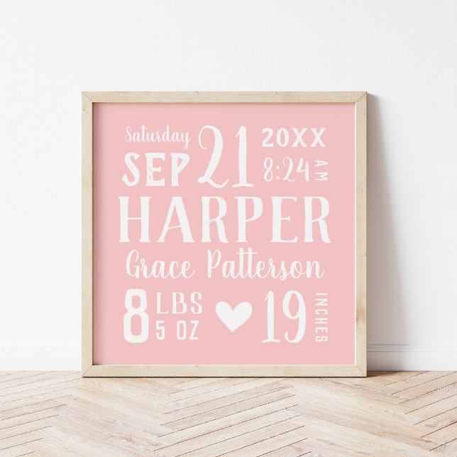 Pink Baby Girl Birth Stats Keepsake Poster (Creator Uploaded)