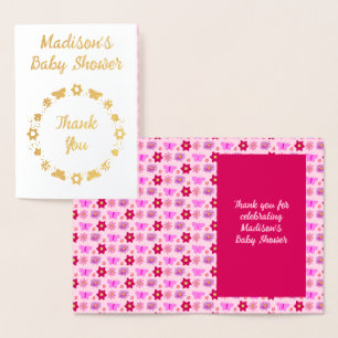 Pink Baby Girl Butterflies and Flowers Baby Shower Foil Card
