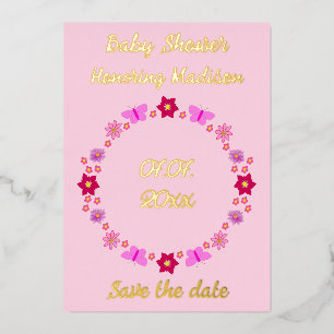 Pink Baby Girl Butterflies and Flowers Baby Shower Foil Holiday Card
