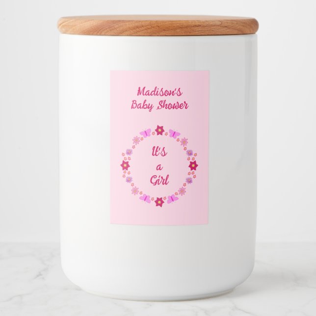 Pink Baby Girl Butterflies and Flowers Baby Shower Food Label (Front)