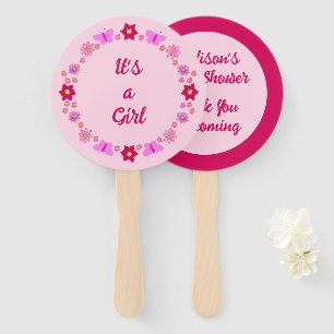 Pink Baby Girl Butterflies and Flowers Baby Shower Hand Fan