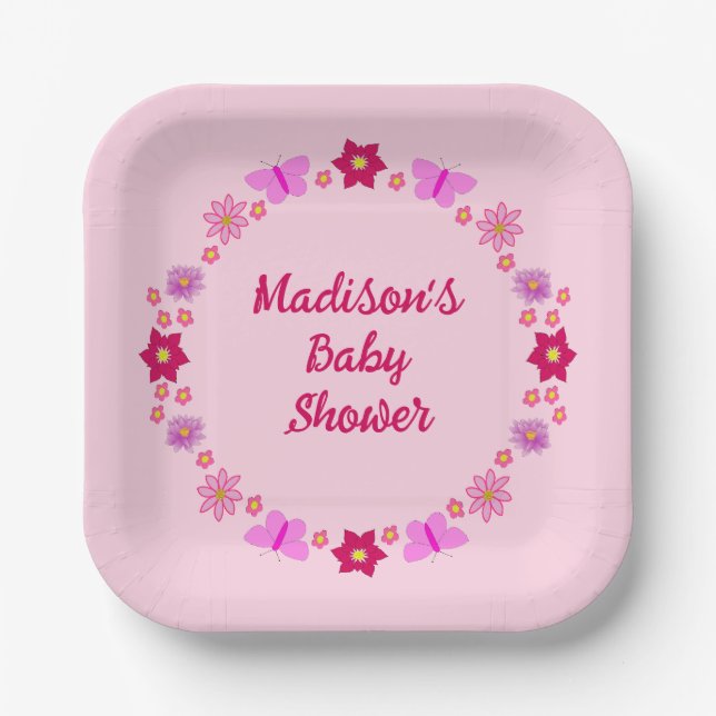 Pink Baby Girl Butterflies and Flowers Baby Shower Paper Plate (Front)