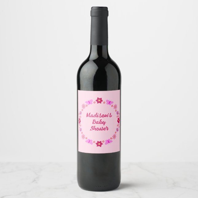 Pink Baby Girl Butterflies and Flowers Baby Shower Wine Label (Front)