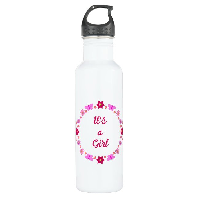 Pink Baby Girl Butterflies and Flowers Custom 710 Ml Water Bottle (Front)