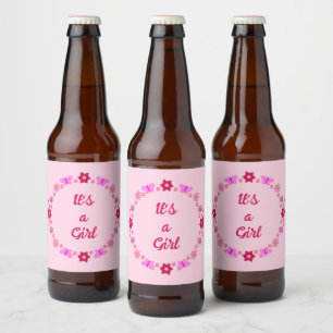 Pink Baby Girl Butterflies and Flowers Custom Beer Bottle Label