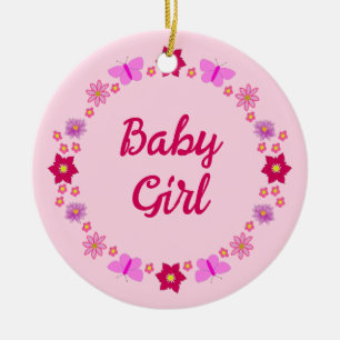 Pink Baby Girl Butterflies and Flowers Custom Ceramic Ornament