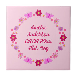 Pink Baby Girl Butterflies and Flowers Custom Ceramic Tile