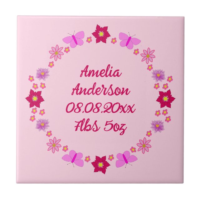 Pink Baby Girl Butterflies and Flowers Custom Ceramic Tile (Front)