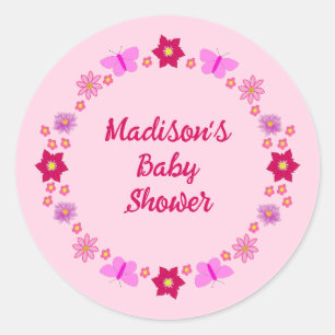 Pink Baby Girl Butterflies and Flowers Custom Classic Round Sticker