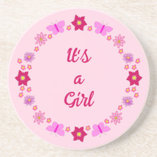 Pink Baby Girl Butterflies and Flowers Custom Coaster