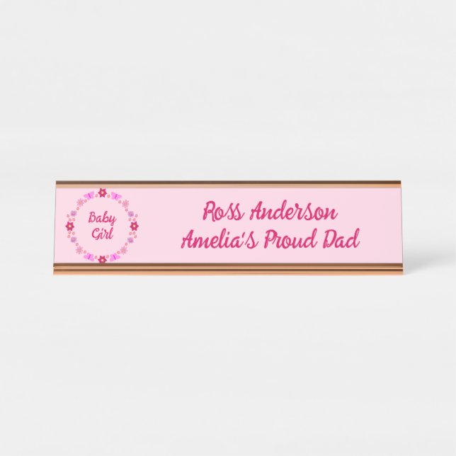 Pink Baby Girl Butterflies and Flowers Custom Desk Name Plate (Front)