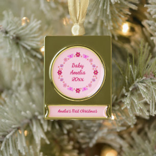 Pink Baby Girl Butterflies and Flowers Custom Gold Plated Banner Ornament