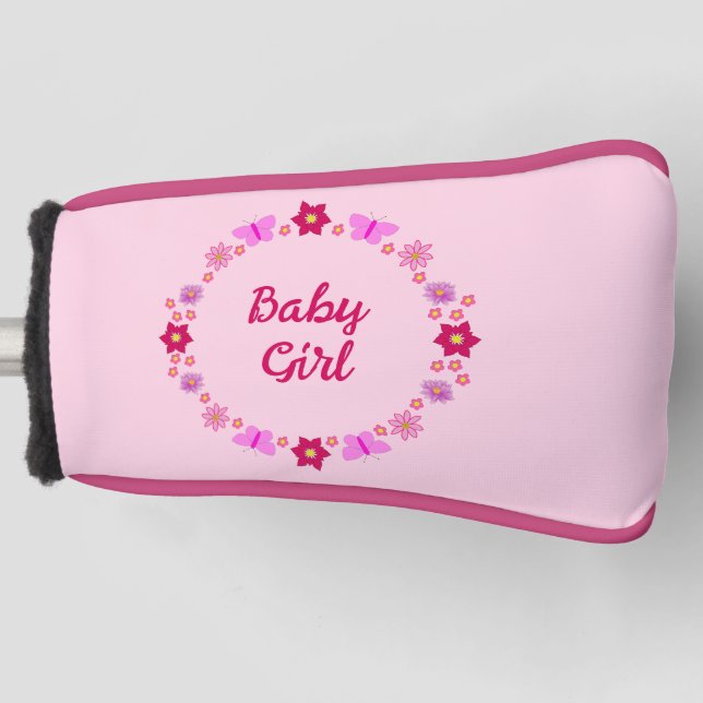 Pink Baby Girl Butterflies and Flowers Custom Golf Head Cover (Front)