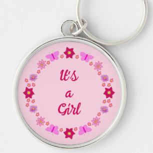 Pink Baby Girl Butterflies and Flowers Custom Key Ring