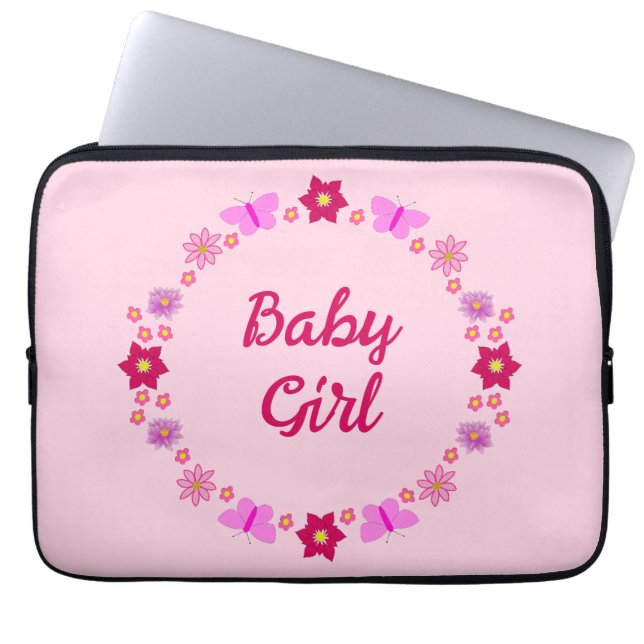 Pink Baby Girl Butterflies and Flowers Custom Laptop Sleeve (Front)