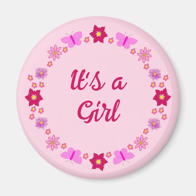 Pink Baby Girl Butterflies and Flowers Custom Magnet (Front)