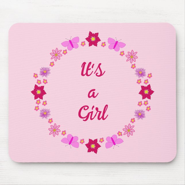 Pink Baby Girl Butterflies and Flowers Custom Mouse Pad (Front)