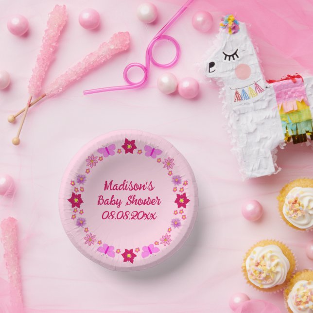 Pink Baby Girl Butterflies and Flowers Custom Paper Plate (Party)