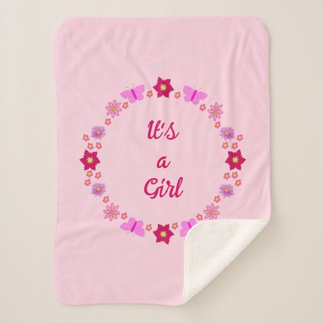 Pink Baby Girl Butterflies and Flowers Custom Sherpa Blanket (Front)