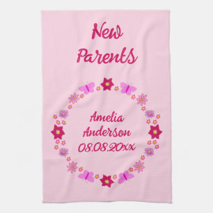 Pink Baby Girl Butterflies and Flowers Custom Tea Towel