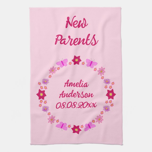 Pink Baby Girl Butterflies and Flowers Custom Tea Towel (Vertical)