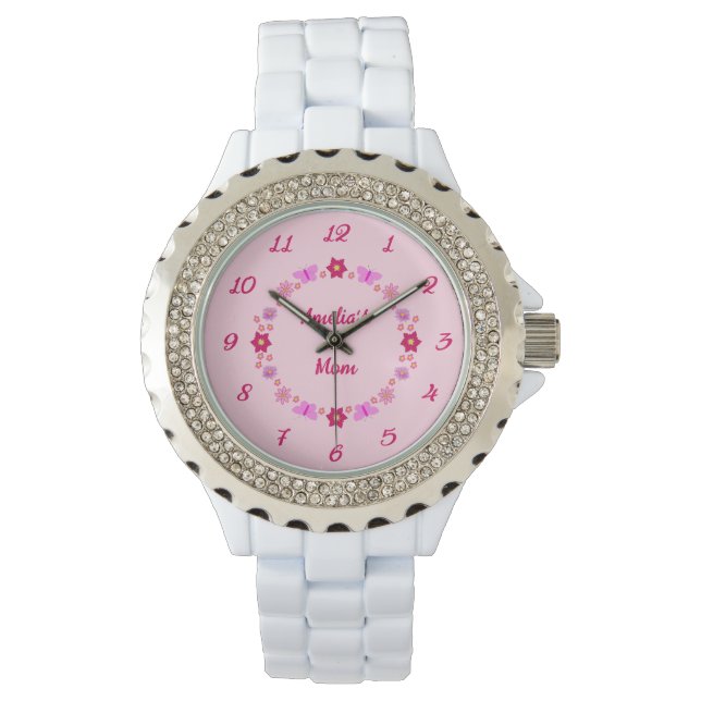 Pink Baby Girl Butterflies and Flowers Custom Watch (Front)