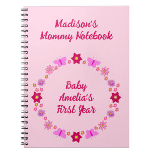 Pink Baby Girl Butterflies and Flowers New Mum Notebook